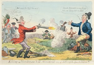 Killing no Murder, aneb nový ministerský způsob urovnání záležitostí národa!, 1809 (barevný lept) od Isaac Robert Cruikshank