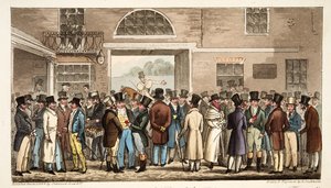 Pondělí po Velkém St Leger, aneb Heroes of the Turf Paying and Receiving at Tattersalls, od The English Spy, pub. 1824 (ručně kolorovaná rytina) od Isaac Robert Cruikshank