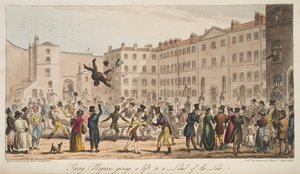 Surrey Collegians giving a lift to a Limb of the Law, z časopisu The English Spy, vydaného v Londýně roku 1824. od Isaac Robert Cruikshank