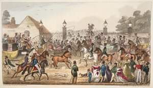 The Arrival, neboli Western Entrance into Cockney Land, od The English Spy vydané v roce 1824, (ručně kolorovaná rytina) od Isaac Robert Cruikshank