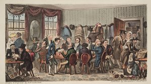 The Bags, Mens Banket v Bell Inn, Cheltenham, od The English Spy, hospoda. 1824 (ručně kolorovaná rytina) od Isaac Robert Cruikshank