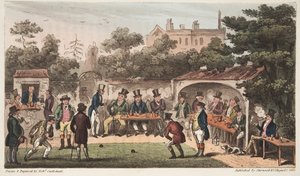 The Bowling Alley, Worcester, nebo Characters of the Hand and Glove Club, z The English Spy, vydáno Londýn, 1824 (ručně kolorovaná rytina) od Isaac Robert Cruikshank
