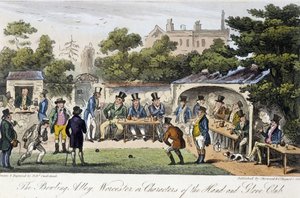 Bowlingová dráha aneb Postavy klubu rukou a rukavic – v „Anglickém špiónovi“ od Charlese Molloye Westmacotta, kresba Robert Cruikshank, Londýnské vydání od Isaac Robert Cruikshank
