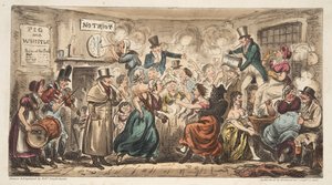 The Buff Club at the Pig and Whistle, Avon Street, Bath, od The English Spy, pub. Londýn, 1824 (ručně kolorovaná rytina) od Isaac Robert Cruikshank