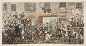 Komický průvod z anglického špióna, hospoda. 1824 (ručně kolorovaná rytina) Gloucester do Berkeley, od The English Spy, pub. 1824 (ručně kolorovaná rytina) od Isaac Robert Cruikshank