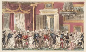 Večer v kruhové místnosti; nebo Squeeze at Carlton Palace, od The English Spy, pub. 1824 (ručně kolorovaná rytina) od Isaac Robert Cruikshank