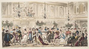 Fancy Ball at the Upper Rooms, Bath, od The English Spy, vydané v Londýně, 1824 od Isaac Robert Cruikshank