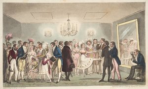 The Green Room of the Kings Theatre aneb Vznešení amatéři prohlížející zahraniční kuriozity, od The English Spy, pub. 1824 (ručně kolorovaná rytina) od Isaac Robert Cruikshank