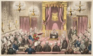 The House of Lords in High Debate, od The English Spy, pub. 1824 (ručně kolorovaná rytina) od Isaac Robert Cruikshank
