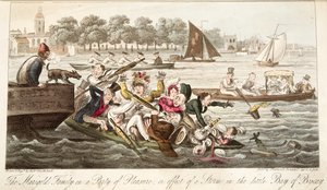 The Marigold Family on a Party of Pleasure, aneb efekt bouře v malém Biskajském zálivu, z hospody The English Spy. 1824 (ručně kolorovaná rytina) od Isaac Robert Cruikshank
