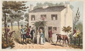 The Oakland Cottages, Cheltenham, aneb Lovci lišek a jejich oblíbenci, od The English Spy, pub. 1824 (ručně kolorovaná rytina) od Isaac Robert Cruikshank
