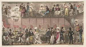 The Royal Saloon, Piccadilly, or a Hour after the Opera, od The English Spy publikovaný v roce 1824 (ručně kolorovaná rytina) od Isaac Robert Cruikshank