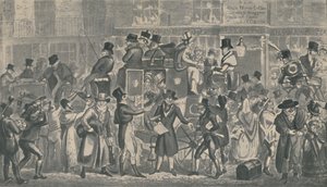Outside White Horse Cellar, Piccadilly, 1821, 1920. Umělci: Isaac Robert Cruikshank, George Cruikshank. od Isaac, Robert and George Cruikshank