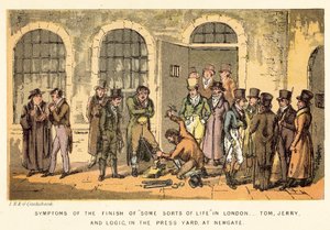Příznaky konce některých druhů života v Londýně, Tom, Jerry a Logika, v Press Yard, v Newgate. od Isaac, Robert and George Cruikshank