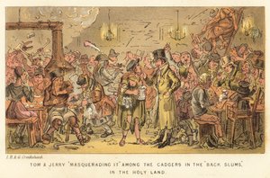 Tom a Jerry to maskují mezi cadgery v zadních slumech ve Svaté zemi od Isaac, Robert and George Cruikshank