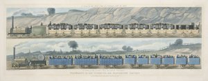 Cestování po železnici Liverpool a Manchester: Vlak první třídy vagónů s poštou a vlak druhé třídy pro cestující zvenčí, vyryl S.G. Hughes, 1831 (aquati