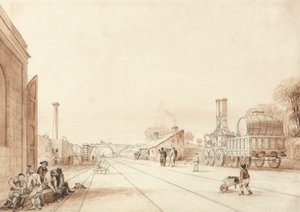 Pohled na Liverpool a Manchester Railway s lokomotivou "Twin Sisters" ve vedlejší koleji