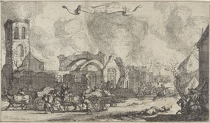 Francouzské jednotky pochodují, rabují a střílejí přes ruiny vesnice Nigtevecht, 1672 Série třinácti snímků vesnic a hradů v provincii Utrecht zničených Francouzi v roce 1672 (název série) od Isaac Sorious