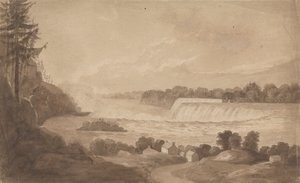 Pohled na Niagarské vodopády s vodopády v pozadí, vpravo a krajina s domy v popředí od Isaac Weld