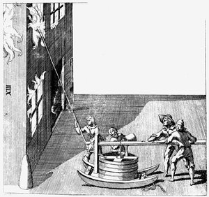 Hasičský vůz, od Isaaca de Caus Nouvelle Invention de Lever l’Eau Plus Hault, 1664