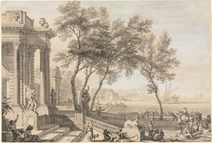 Fantastická přístavní scéna s architekturou a figurami, 1713.
