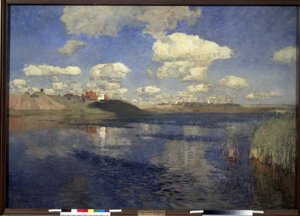 Jezero. Pohled na rozlohu jezera ohraničenou rákosím, na březích, vesnici a obdělávaná pole. Obraz od Isaaca (Isaaka) Iljiče Levitana (1860-1900), olej na plátně od Isaak Ilyich Levitan