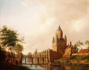 Pohled na Kleine Houtpoort (Malá brána) v Haarlemu s Grote Houtpoort (Velká brána) v pozadí
