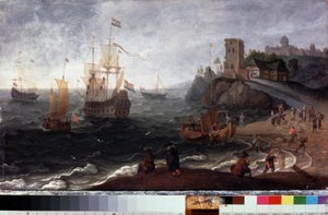 Rybí trh na pláži (rybí trh na pobřeží). Obraz Isaaca Willaertse (1620-1693). Olej na dřevě, 35,5 x 67 cm, kolem 1640. Nizozemské umění 17. století. Státní muzeum historie a umění, Serpukhov (Rusko). od Isaak Willaerts