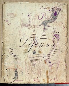 Arthur Rimbaud pomáhá při sklizni. Kresba Isabelle Rimbaud fialovým inkoustem na archu konceptů knihy výdajů od Isabelle Rimbaud