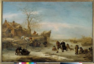 Canal gele s párovým bruslením Malba od Isaaka Van Ostade (1621-1649). Slunce 17. století. 1x1,49m