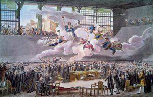 Francouzská revoluce: “” Le oath du jeu de Paume le 20 juin 1789”” Zástupci přísahají, že se neoddělí, dokud nebude opravena ústava. Rytina Isidora Helmana (1743-1809) 1789 Paříž, B.N.