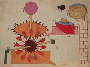 Schéma systému pro čerpání vody do nádrže, z Knihy znalostí důmyslných mechanických zařízení od Al-Jazari, 1206 od Islamic School
