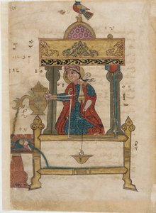 Automat na ruční mytí se splachovacím mechanismem, folio z Knihy důmyslných mechanických zařízení; od Al-Djazari, 1315 (neprůhledné wc, inkoust a zlato na papíře) od Islamic School