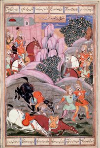 Islámské umění: „“ Bijene a Roham jdou zaútočit na Firoud““ Perská miniatura z rukopisu epické básně „“ Shahnameh““ (Shah Nama, Shahnama) (Kniha králů) od Ferdowsiho (Firdawsi, nebo Ferdawsi, nebo Firdousi, cca 940-kolem 1020) (ms. 607) Chantilly, Muse od Islamic School