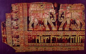 Islámské umění: Shroud of Saint Josse. Hedvábná tkanina, 901 AD. Z opatství Saint Josse, Khorasan, Chorasan nebo Khurasan. Herat, moderní Afghánistán. Paříž, muzeum Louvre od Islamic School