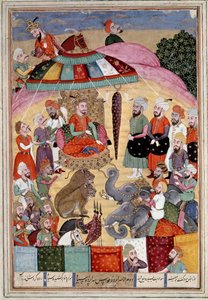 Islámské umění: “” Sohrab (Saarab) před královským stanem”” Perská miniatura z rukopisu epické básně “” Shahnameh”” (Shah Nama, Shahnama) (Kniha králů) od Ferdowsiho (Firdawsi nebo Ferdawsi, nebo Firdousi, asi 940-kolem 1020) (ms. 607) Chantil od Islamic School