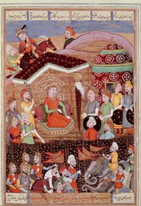Islámské umění: „“ Sohrab (Saarab) se dívá na černý stan vůdců perské armády“““ Perská miniatura z rukopisu epické básně „“ Shahnameh“““ (Shah Nama, Shahnama) (Kniha králů) od Ferdowsiho (Firdawsi, nebo Ferdawsi, nebo Firdousi, asi 6 od Islamic School