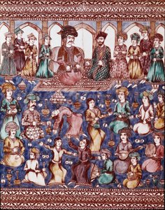 Islámské umění: hudebníci a tanečníci dvora Nasser-al-Din (Nasser al-Din nebo Nasser al-Din, ale také Nassereddin nebo Nassiruddin od Islamic School