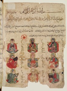Pythagoras (asi 570-480 př.nl) (uprostřed) vyučující 8 dalších lékařů včetně Galena (asi 131-201) (vlevo dole) a Andromacha (vpravo dole), ilustrace z arabského překladu De materia me