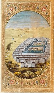 Pohled na Mekku (La Mekke), místo muslimské pouti, a na pláně hory Arafat (Arafah), Saúdská Arábie. Stránka převzata z vydání Koránu od Islamic School