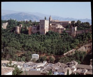 Pohled na pevnost a palác Alhambra od Islamic School