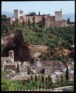 Pohled na pevnost a palác Alhambra od Islamic School