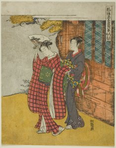 Clearing Weather of the Fan (Ogi no seiran), ze série "Módní parodie na osm pohledů do salonu (Furyu mitate zashiki hakkei)" od Isoda Koryusai