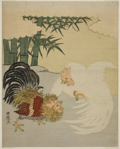 Kohouti bojují poblíž Bamboo Grove od Isoda Koryusai