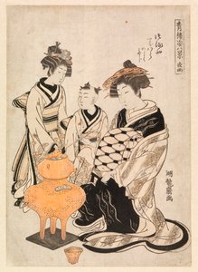 Kurtisaani ja avustajat lämmityssake, n.1766-80 (värillinen puupiirros) od Isoda Koryusai