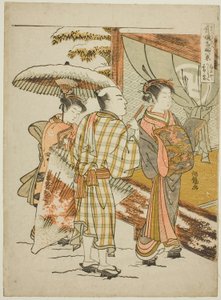 Karauta of the Ogiya in Evening Snow (Ogiya Karauta bosetsu), ze série „Osm pohledů na slavné krásky z požitkářských čtvrtí (Seiro meifu hakkei)“ od Isoda Koryusai