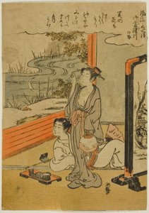 Řeka Mimosuso v provincii Ise (Mimosusogawa, Ise), ze série "Módní zrcadla slavných míst (Furyu meisho kagami)" od Isoda Koryusai