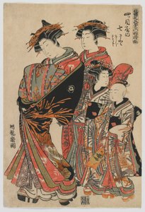 Modely pro módu: Nové vzory jako svěží mladé listy: Kurtizána Nanasato z Yotsumeya se svými průvodci Nanaji a Satoji, období Edo, 1778-80 (barevný dřevotisk)