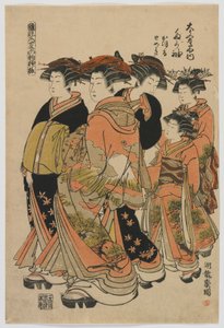 Modely módy: Nové návrhy jako čerstvé mladé listy: Tagasode z Daimonjiya s Katsuruem, Tomeki a doprovodem, období Edo, 1778-80 (barevný dřevoryt) od Isoda Koryusai