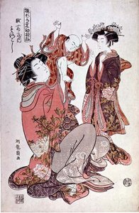 Kurtizána Morokoshi z Echizanu s dítětem a doprovodem, kolem roku 1775 (barevný dřevořez) od Isoda Koryusai